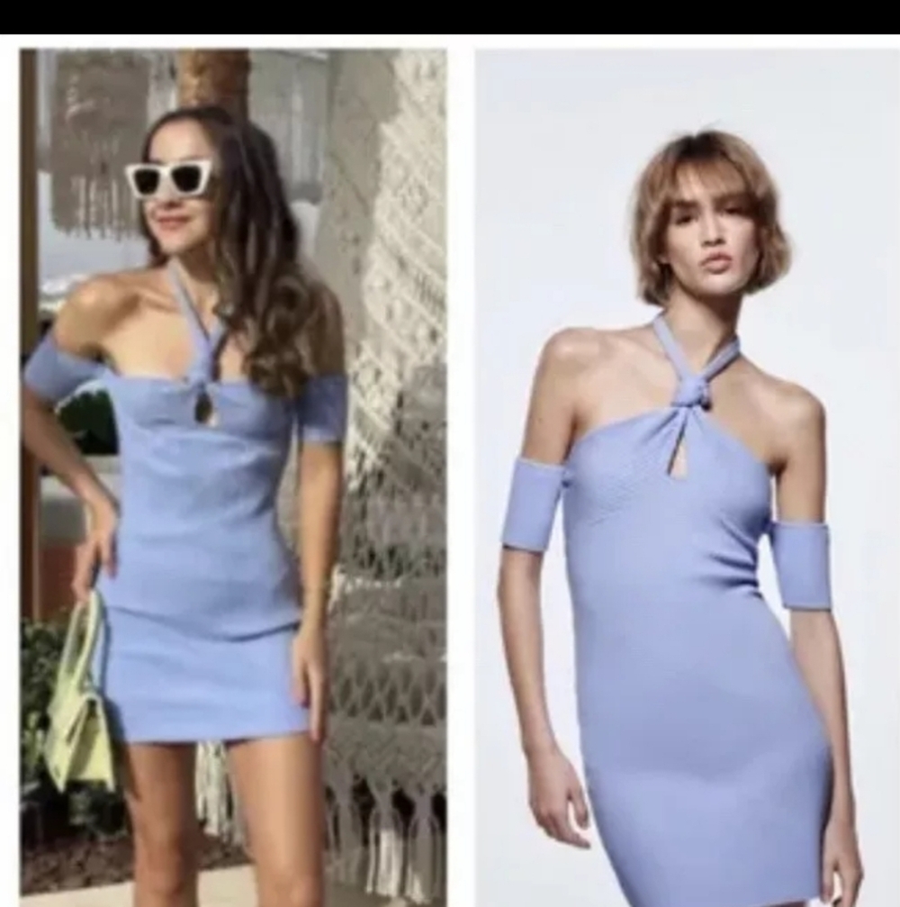 Zara Solid Pastel Blue Mini Sky Ribbed With Knot Medium Dress